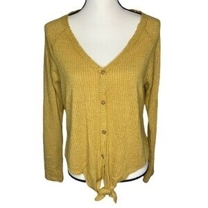 Sienna Sky Top Mustard Yellow Tie Front Waist Long Sleeve Sweater Top Size L